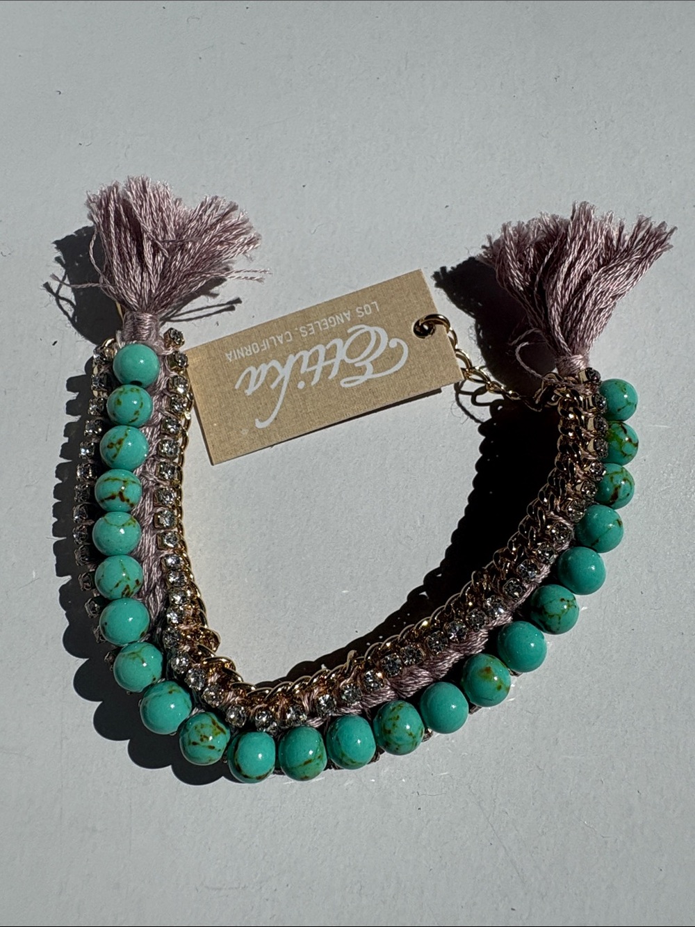 ettika Turquoise Bead Bracelet with Pink Tassels and Gold Chain NWT